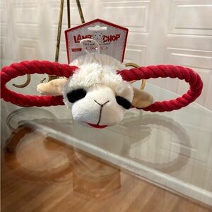 MULTI PET LAMB CHOP  HEAD with ROPE PULL Puppy/Dog Toy NWT 14” clinker squeaker